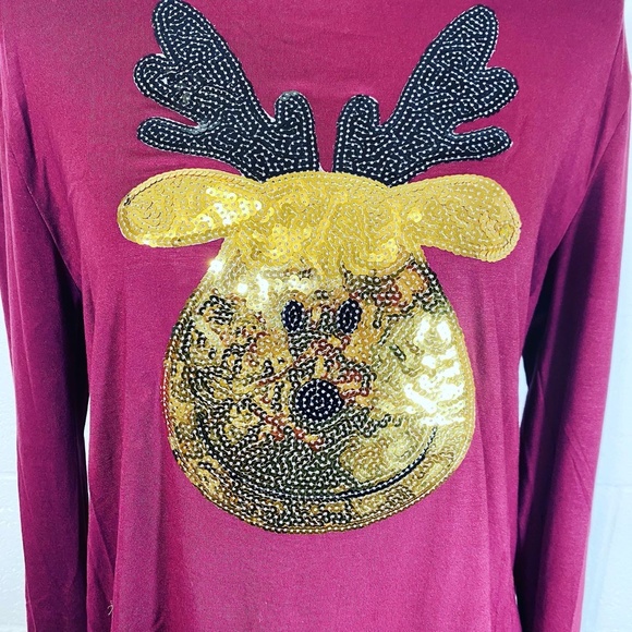 Perfect Peach Burgundy Wine Christmas Reindeer Gold Sequins Long Sleeve Shirt - Picture 3 of 9
